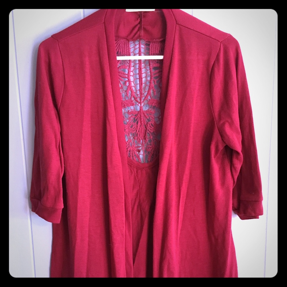 Burgundy Cardigan with open lace back detail